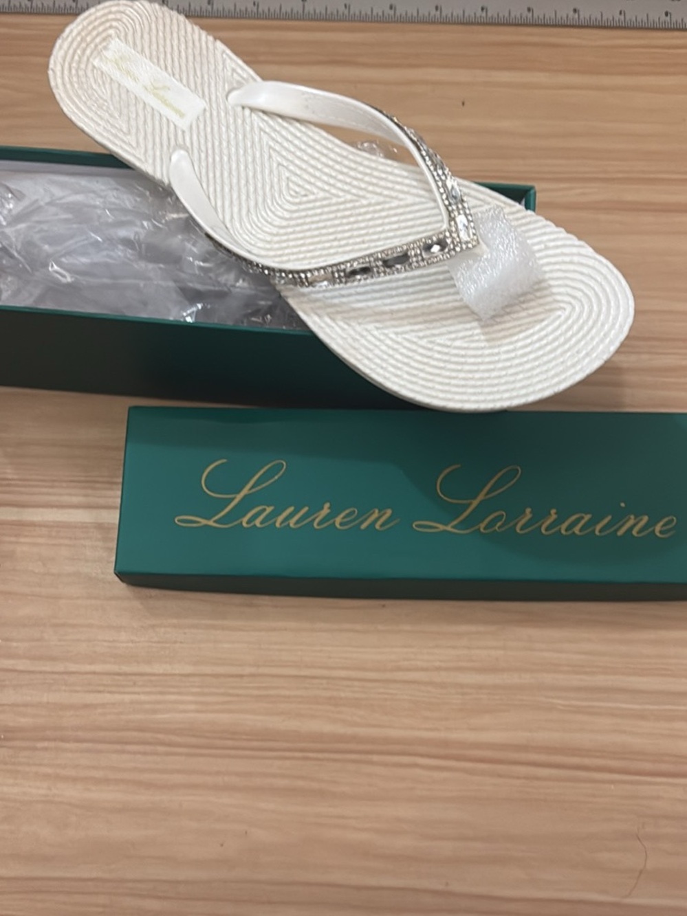 Lauren Lorraine White Crystal-Embellished Woven Flip Flop Sandal